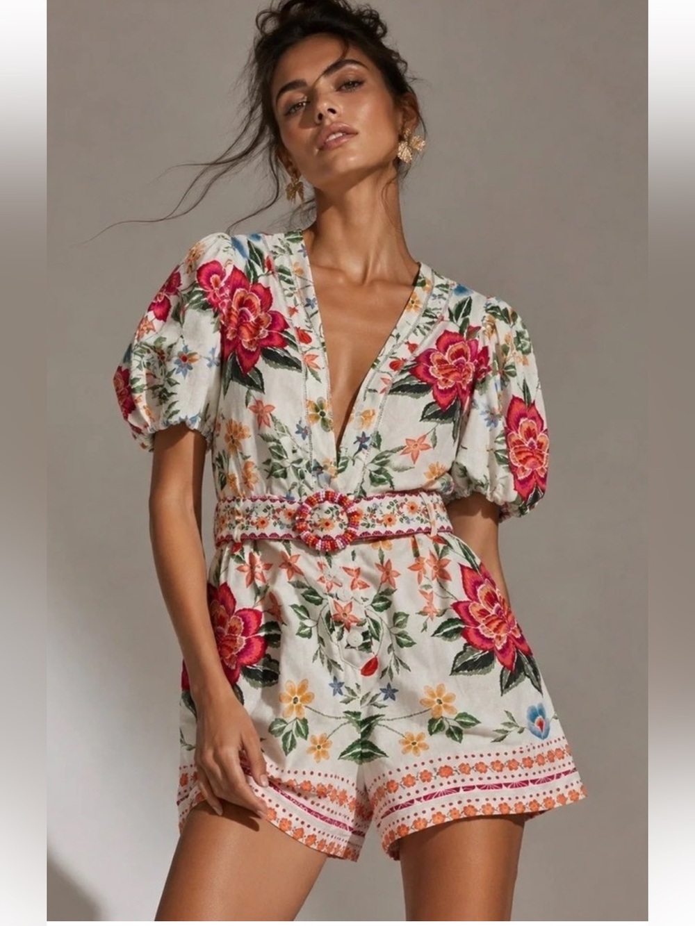 Caroline Constas Off-White Bloom Garden Belted Floral Linen Romper 6 ( Farm Rio)